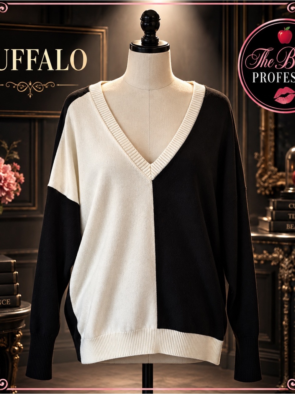 💕 Jeans by Buffalo XL Black Ivory Color Block Oversized V Neck Sweater
